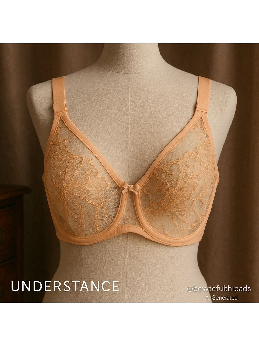 Understance 38J Peach Embroidered Mesh Underwire Bra Full Coverage Sheer Lace